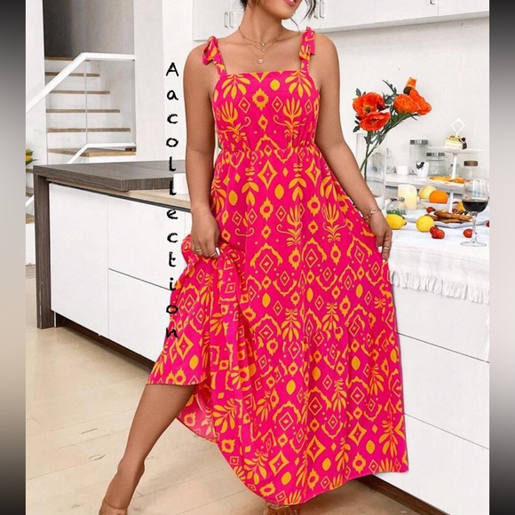 Boho Plus Size Smocked Tank Top Maxi Dress Hot Pink - Picture 2 of 5